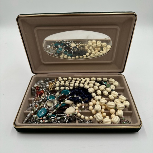Vintage Jewelry - Treasure Trove Vintage Jewerly Box Filled with Goodies - Dark Green Velvet Box